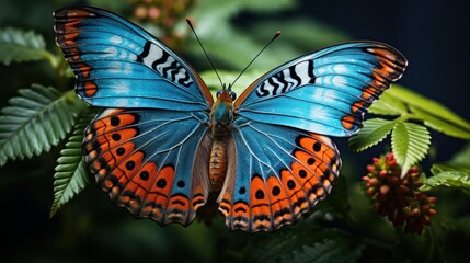 A butterfly perched on a leaf, its delicate wings showcasing intricate patterns and vibrant colors
