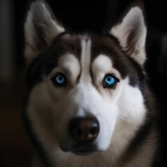 Close up of Siberian husky with blue eyes portrait on a dark background.