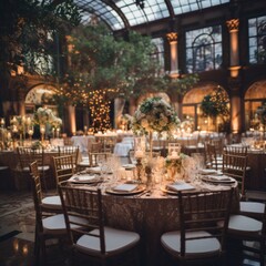 Fototapeta na wymiar wedding reception set up in a grand ballroom with elegant decor.