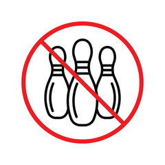 Forbidden bowling pin vector icon. Warning, caution, attention, restriction, label, ban, danger. No bowling ball flat sign design pictogram symbol. No bowling icon UX UI icon
