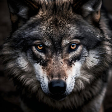 Portrait of a gray wolf in close-up (Canis Lupus), a forest wolf looking into the camera.
