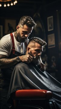 Barber Trimming A Client's Hair With Electric Clippers, Capturing The Movement