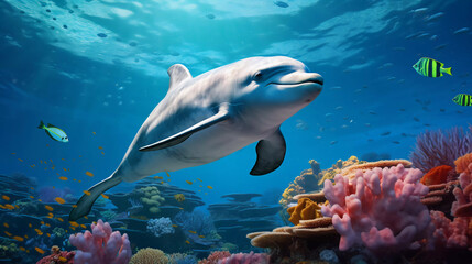 Dolphin underwater on reef close coming to you