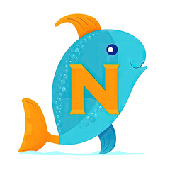 Obraz premium Kids alphabet with narval. Cute blue cartoon fish near yellow letter N on white background. Children abc lettering