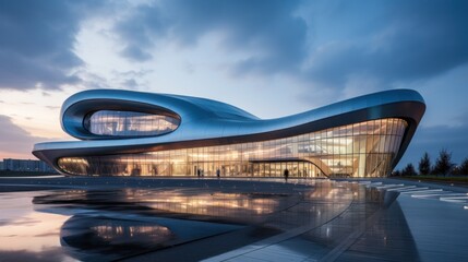 a futuristic building with a curved façade and sleek glass exterior