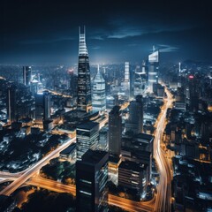 Obraz premium a city skyline at night, featuring sleek and modern buildings with clean lines and bold architecture