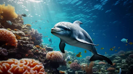 Fotobehang Dolphin underwater on reef close coming to you © Business Pics