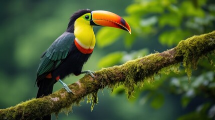 Fototapeta premium An exotic toucan perched on a tree branch, its vibrant orange and yellow beak contrasting against