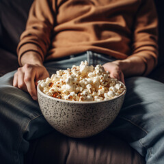 A man with a bowl of popcorn in his hands on the sofa.