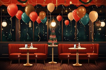Retro illustration of a stylized New Year's Eve cafe with vintage furniture - obrazy, fototapety, plakaty