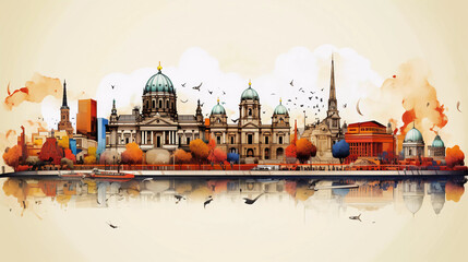 Drawing of berlin with landmark and popular for tourist attractions - obrazy, fototapety, plakaty