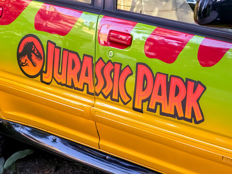 Konohana Ward, Osaka, Japan. Nov 21, 2023. A Jurassic Park logo on the side of an SUV  truck in the doors.