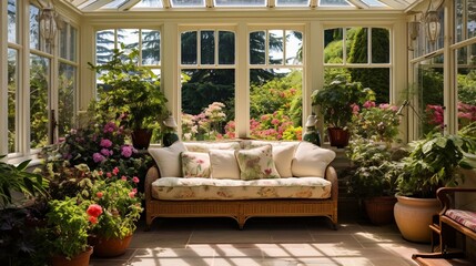 A Victorian conservatory transformed into a botanical garden oasis with exotic plants and serene seating areas.