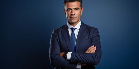 Corporate CEO portrait, confident stance, hands folded, blue textured backdrop, balanced fill light