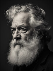 Classic black and white male studio portrait, distinguished older gentleman, full beard, textured hair, thoughtful expression