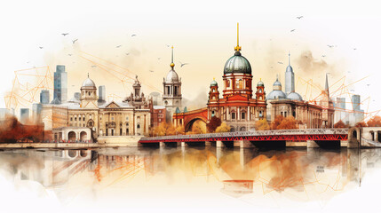 Drawing of berlin with landmark and popular for tourist attractions - obrazy, fototapety, plakaty