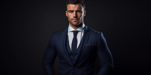 Obraz premium Corporate executive's studio portrait, confident stance, tailored suit, crisp shirt, power look, seamless mid-tone background