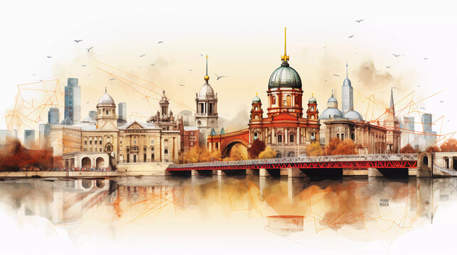 Drawing of berlin with landmark and popular for tourist attractions