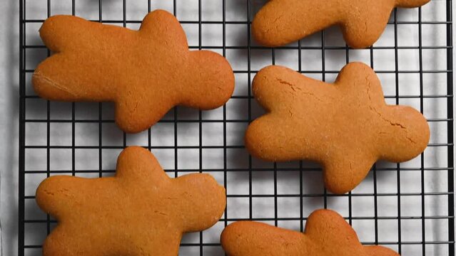 Gingerbread men cookies, top view. Festive homemade gingerbread