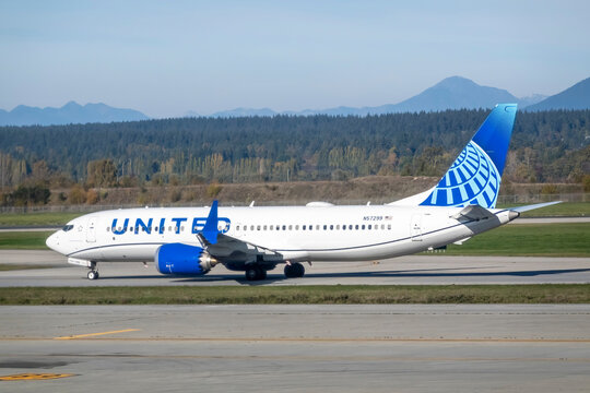 Vancouver, British Columbia, Canada, Nov. 16, 2023. An United Airlines aircraft at the Vancouver International airport.