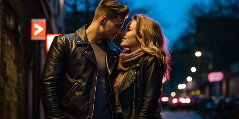 Urban chic engagement portrait, graffiti background, couple in stylish leather jackets
