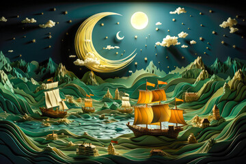 Illustration of a fantasy landscape with a sailing ship and a moon - obrazy, fototapety, plakaty