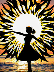 Poster with the dynamic silhouette of a girl. Beautiful girl against the sun. AI-generated digital illustration.