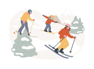 Fototapeta premium Skiing isolated concept vector illustration. Winter adventure, mountain slope, outdoor sport, family fun, mountainside resort, downhill, extreme vacation, snow peak, holiday vector concept.