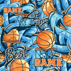 Basketball seamless pattern with ball, street art style graffiti background text. Sport wall repeat print for boy textile, wrapping paper. Basketball ornament. Slogan Best game. © Kseniia Koval