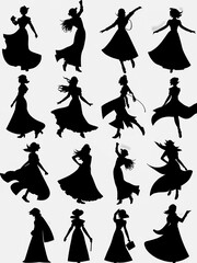 Dynamic girl silhouettes. A set of dancing girl silhouettes isolated on a white background. AI-generated digital illustration.