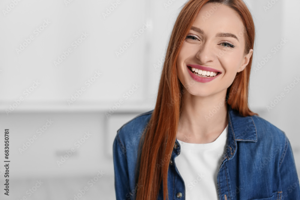 Sticker Portrait of beautiful young woman at home, space for text