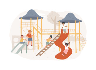 Kids playground isolated concept vector illustration. Outdoor playground, kids zone, playsets for rent, swing set, indoor play area, toddler gym room, children having fun vector concept.