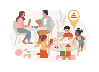 Child friendly area isolated concept vector illustration. Kid friendly area, welcome with children, family restaurant dining, entertainment service, shopping center playground vector concept.