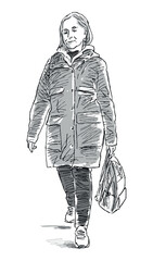 Hand drawing of casual elderly woman with backpack walking outdoors - 683050912