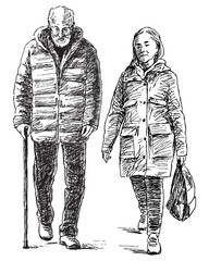Hand drawing of couple old people walking outdoors