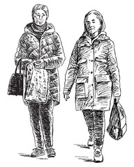Hand drawing of two casual elderly towns women walking outdoors  - 683050995
