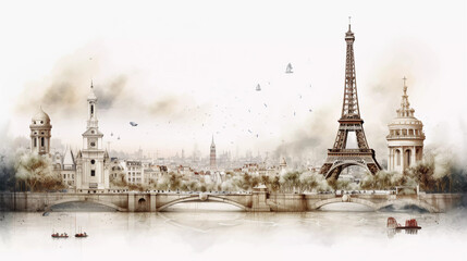 Fototapeta na wymiar Drawing of Paris with landmark and popular for tourist attractions
