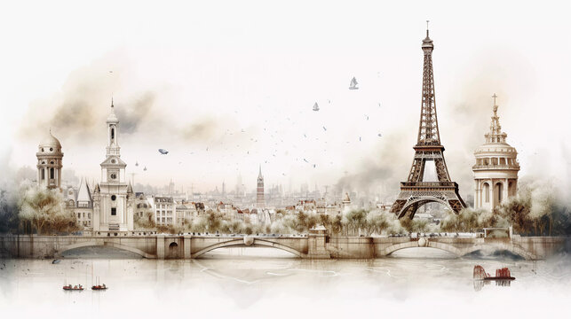 Drawing of Paris with landmark and popular for tourist attractions