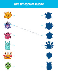 Find correct shadow of monsters, aliens. Educational logical game for kids. Space creature. Vector 
