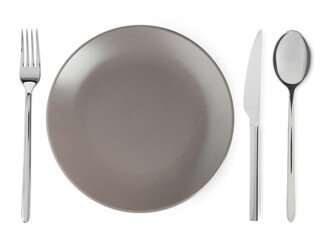 Empty grey plate with fork, knife and spoon on white background, top view