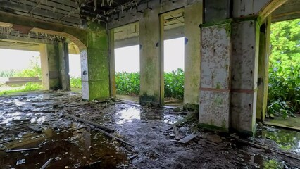 Azores, Portugal; 27th March 2023: Views inside of the ruins of an abandoned hotel next to the 'Miradouro da Vista do Rei' in Sete Cidades, Azores
