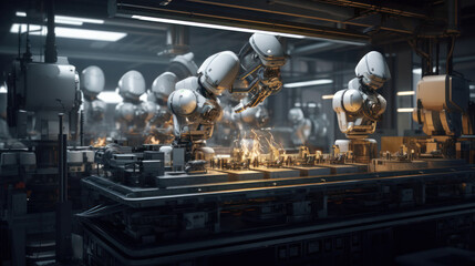 robot assembles other robots on a conveyor belt in a factory