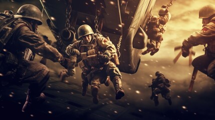 Special forces of the World War II. Special forces soldiers in full gear are fighting on the battlefield. Patriotism Concept. Military Concept. - obrazy, fototapety, plakaty