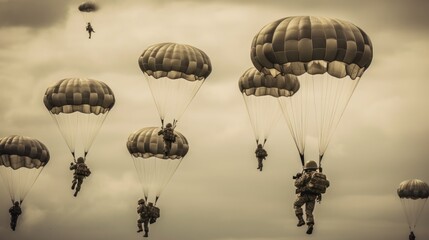 Parachutist in the sky with a group of paratroopers. Patriotism Concept. Military Concept. - obrazy, fototapety, plakaty