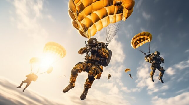 US Army. Patriotism Concept. Military Concept. Army Parachutist flying in the sky. 