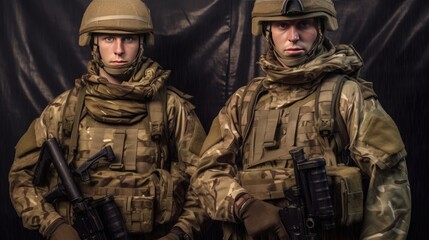 Portrait of two soldiers in military uniform with assault rifle on dark background. Patriotism Concept. Military Concept.