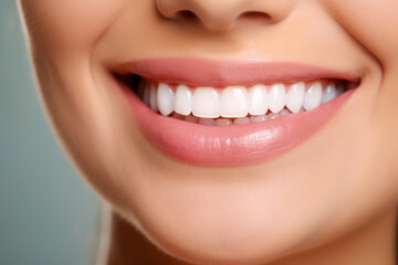 Fototapeta premium Closeup of beautiful female smile with healthy teeth. Studio shot.