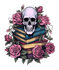 skeleton books skull death flowers