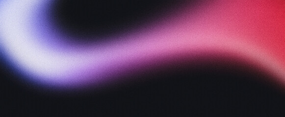 Purple pink glowing blurred abstract gradient wave on black background grainy noise texture banner copy space