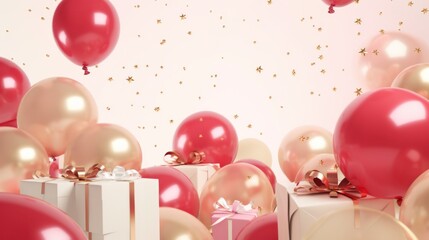 pink and gold balloons, gifts, presents and confetti on cream background